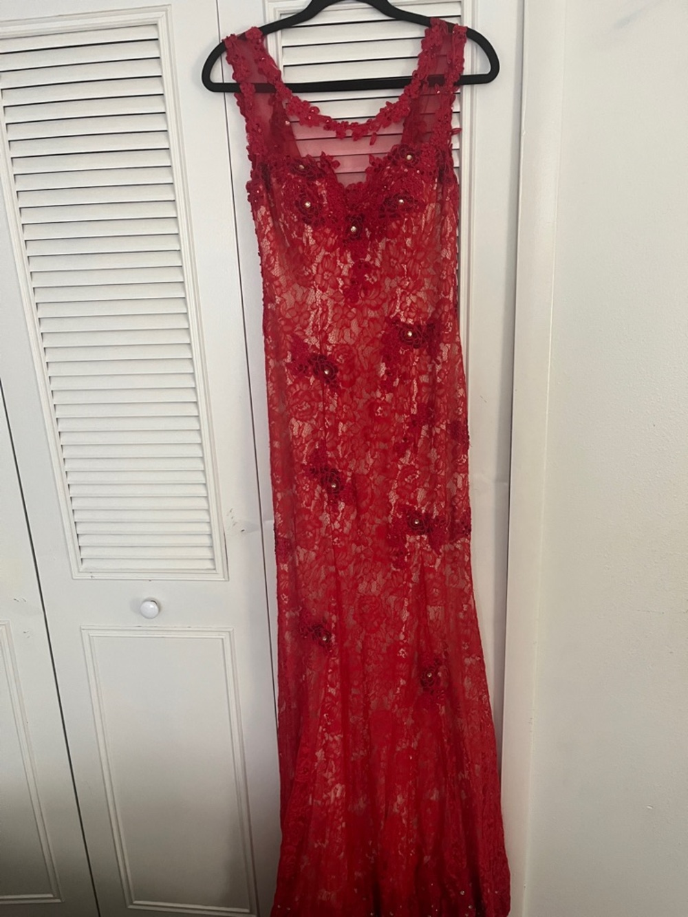 Red Lace Maxi Dress with Floral Appliqué